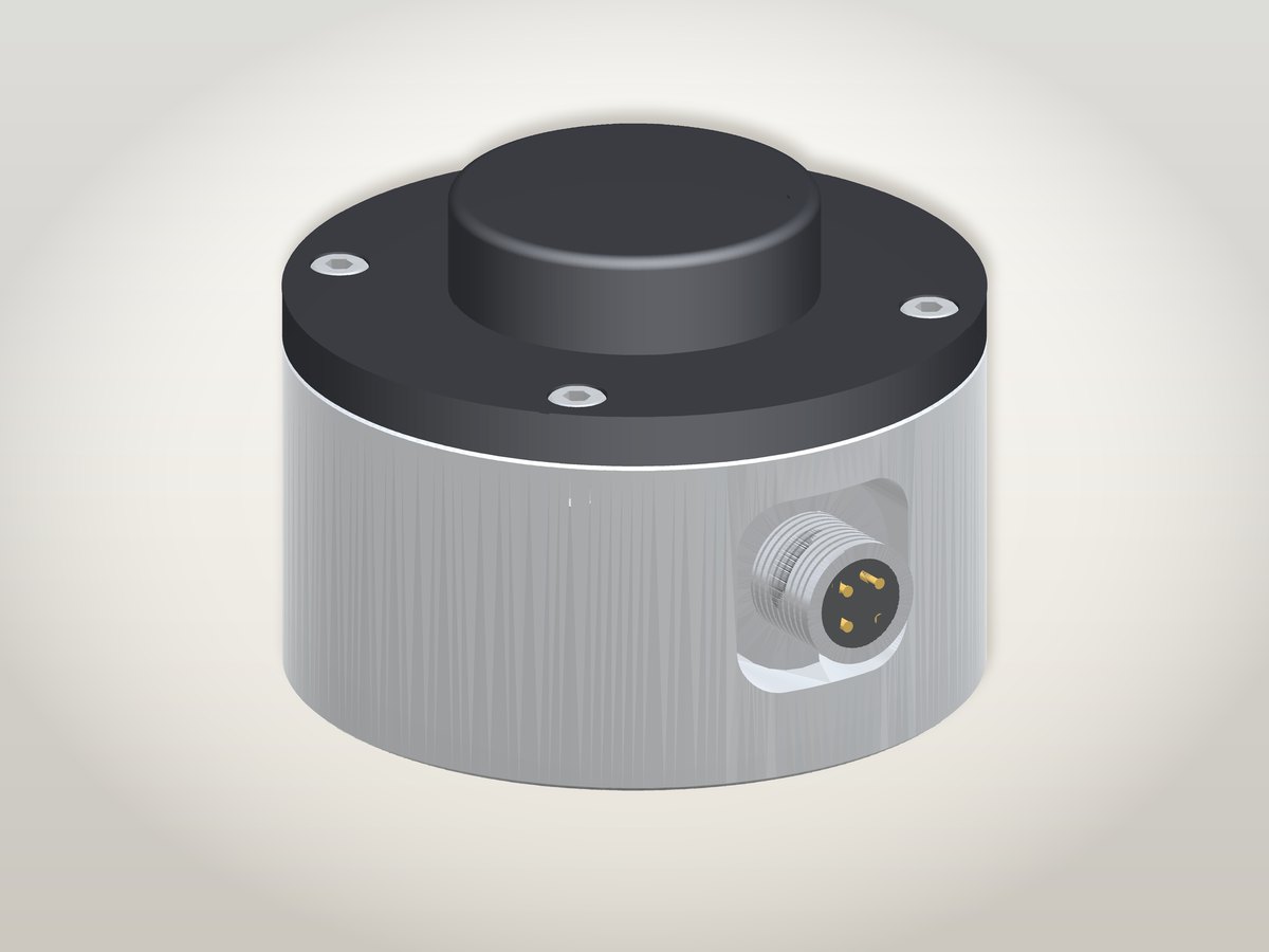 Schwingungssensor VBox4AI: zylindrisches Stahlgehäuse, Antennenkuppel und seitlicher M12-Stecker